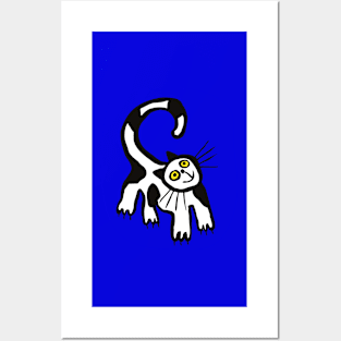 Black and White Cat in Blue+ Posters and Art